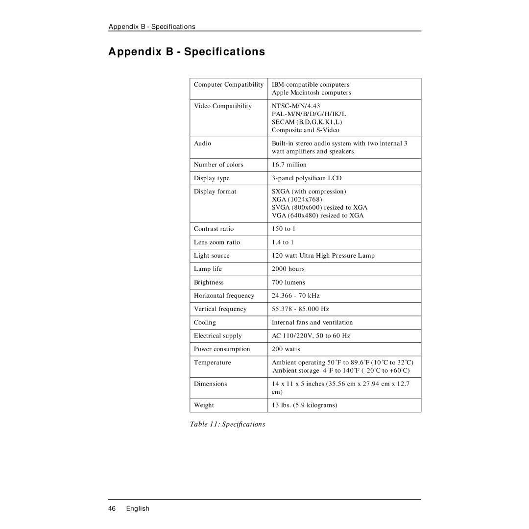 Polaroid PV330 manual Appendix B Speciﬁcations, Secam B,D,G,K,K1,L 