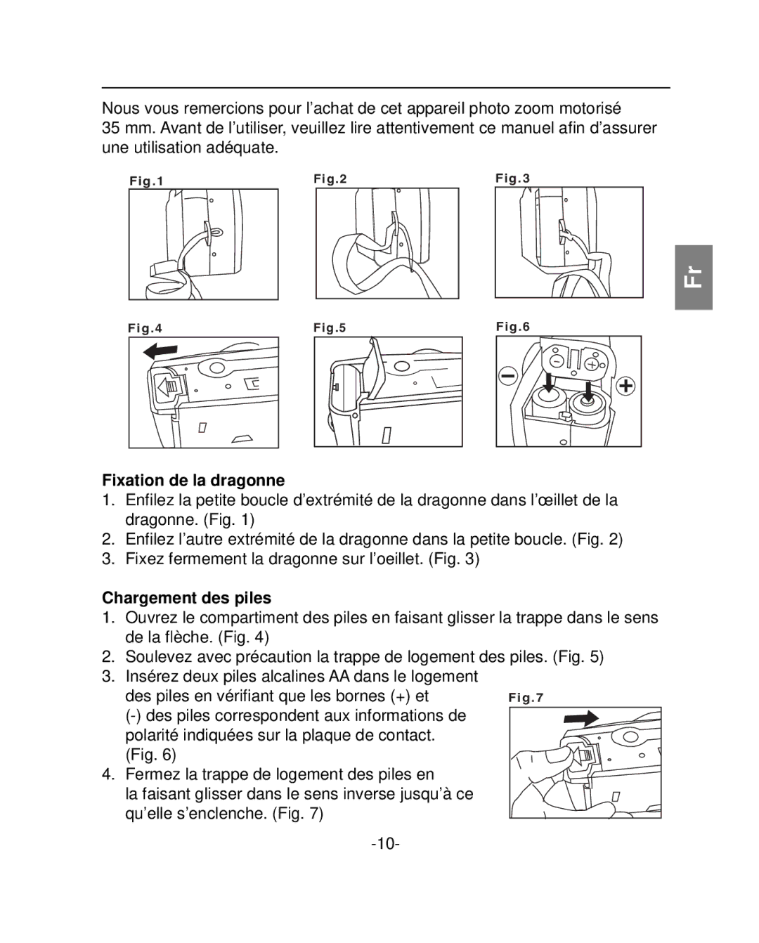 Polaroid PZ2001 instruction manual Fixation de la dragonne, Chargement des piles 