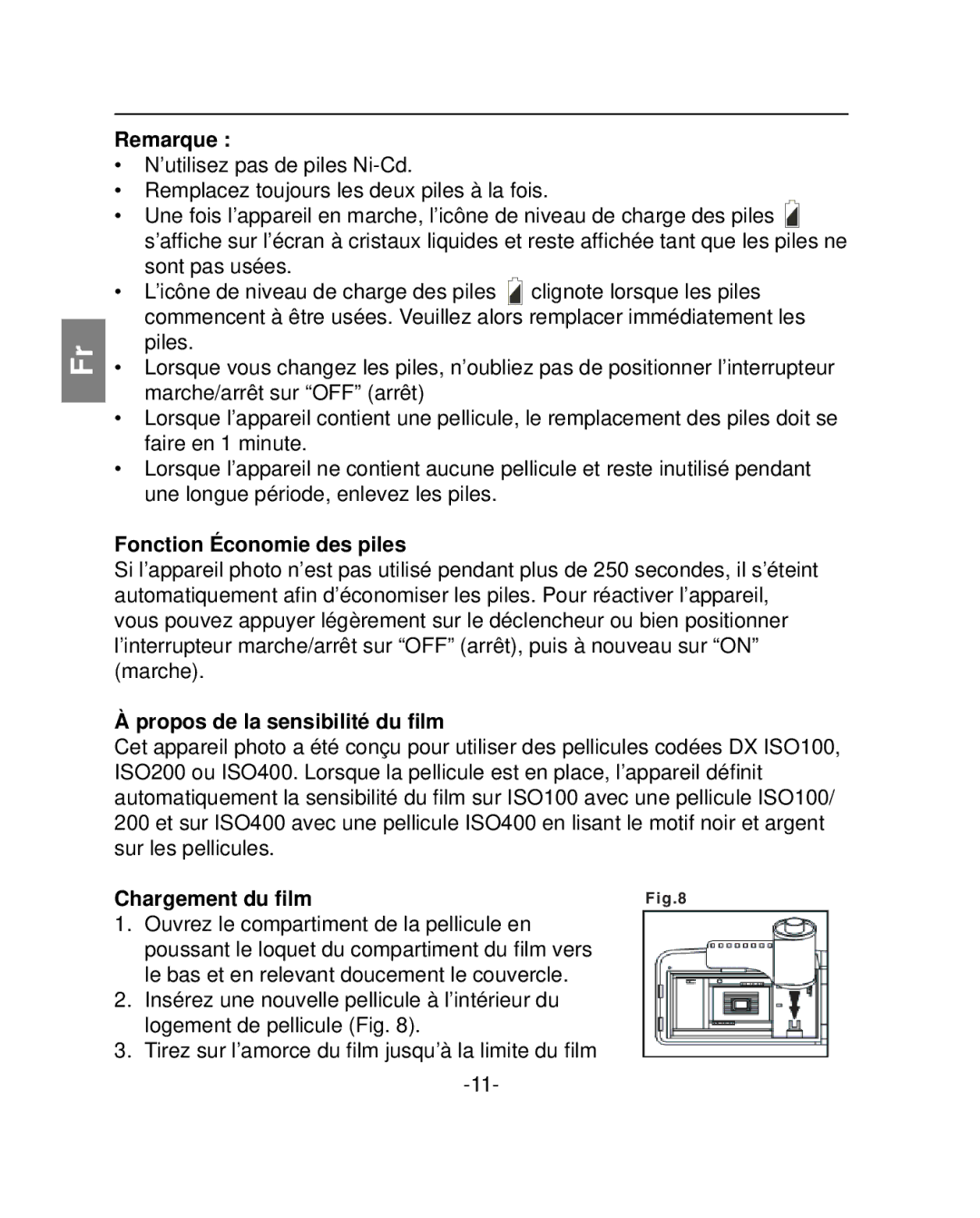 Polaroid PZ2001 instruction manual Remarque, Fonction Économie des piles, Propos de la sensibilité du ﬁlm 