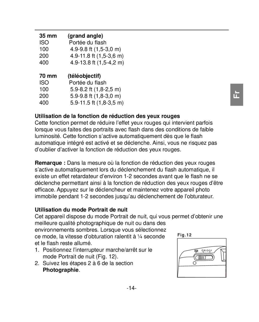 Polaroid PZ2001 instruction manual mm Grand angle, mm Téléobjectif, Utilisation de la fonction de réduction des yeux rouges 