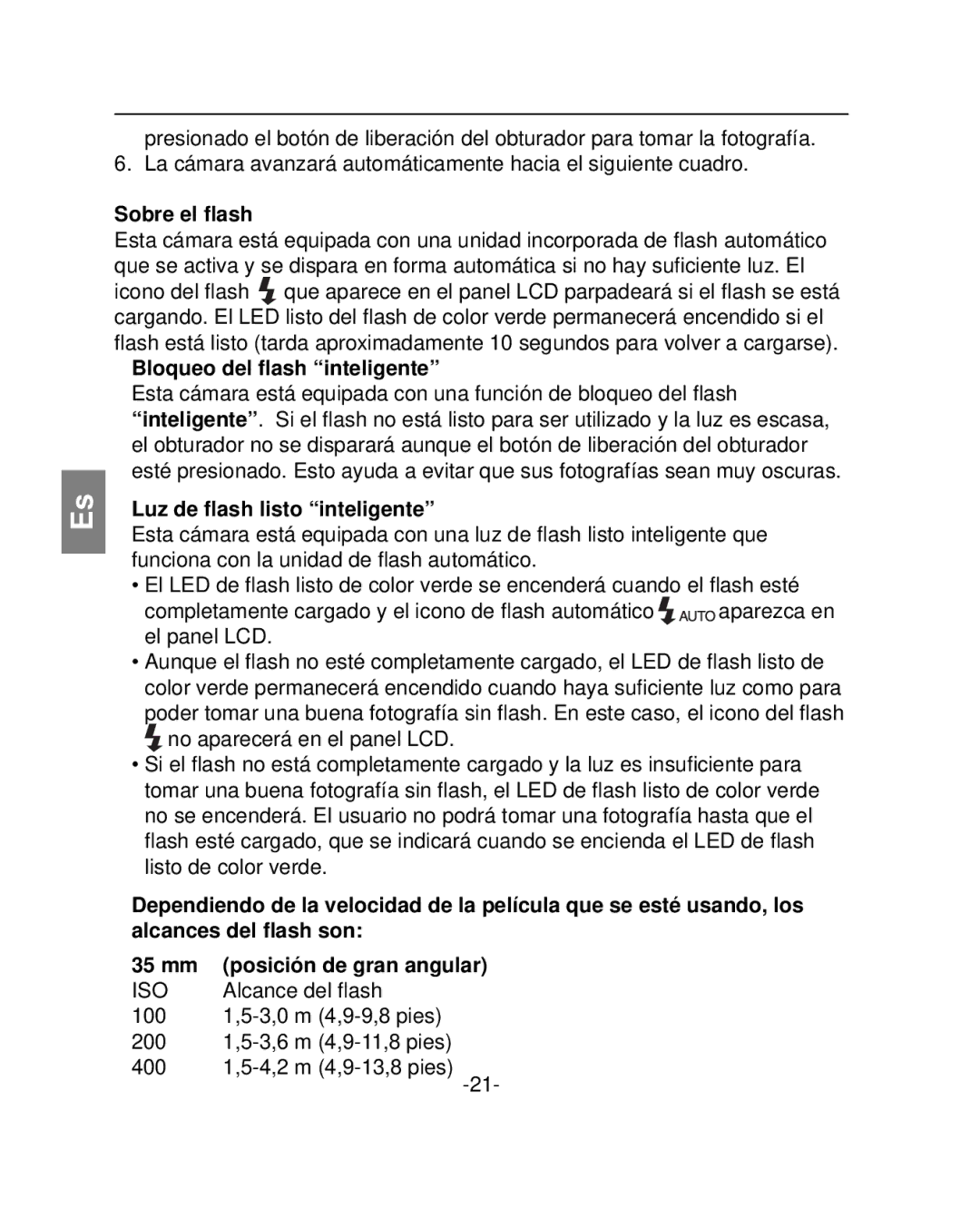 Polaroid PZ2001 instruction manual Sobre el ﬂash, Bloqueo del ﬂash inteligente, Luz de ﬂash listo inteligente 