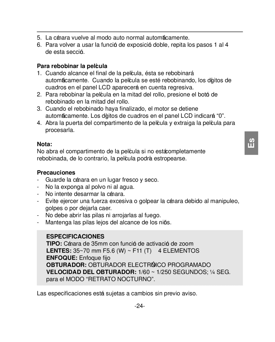 Polaroid PZ2001 instruction manual Para rebobinar la película, Precauciones, Especificaciones 