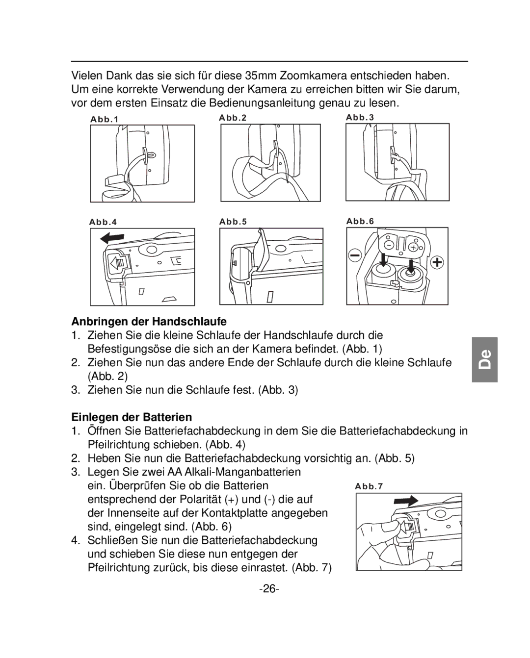 Polaroid PZ2001 instruction manual Anbringen der Handschlaufe, Einlegen der Batterien 