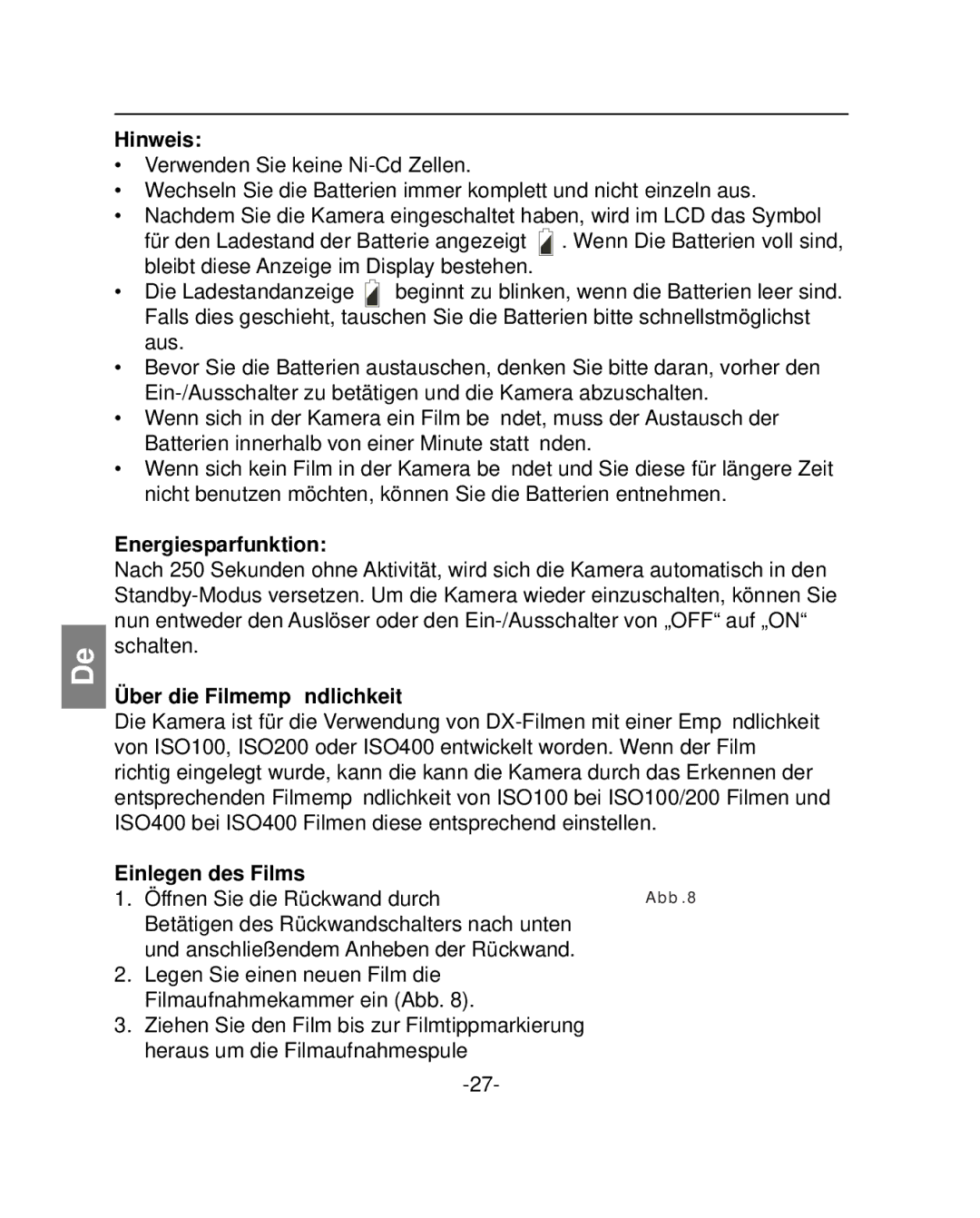 Polaroid PZ2001 instruction manual Hinweis, Energiesparfunktion, Über die Filmempﬁndlichkeit, Einlegen des Films 