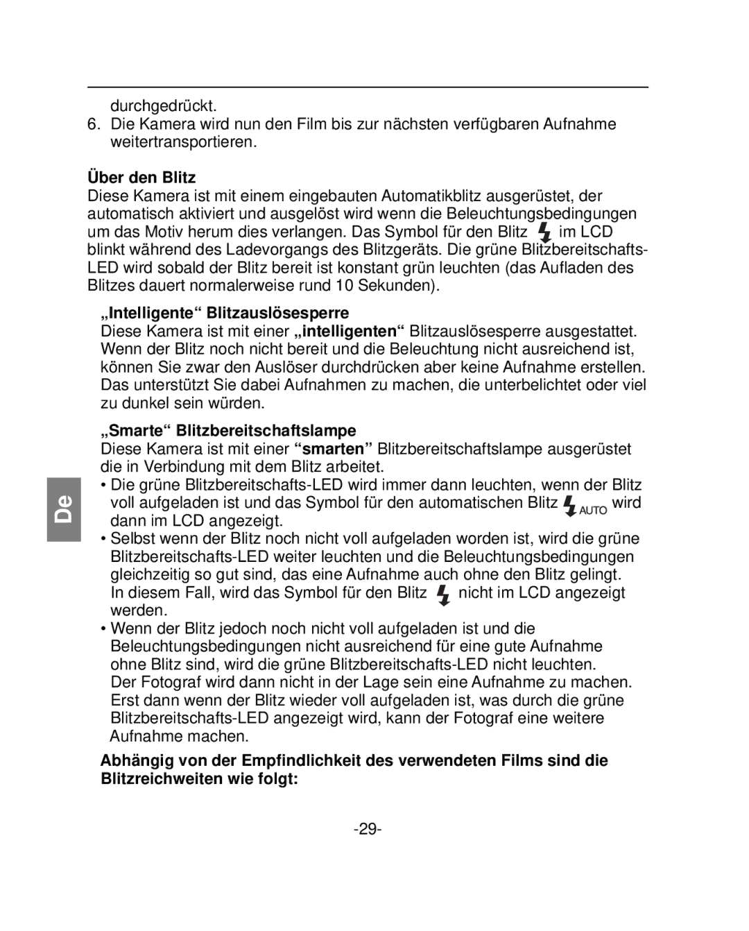 Polaroid PZ2001 instruction manual Über den Blitz, „Intelligente Blitzauslösesperre, „Smarte Blitzbereitschaftslampe 