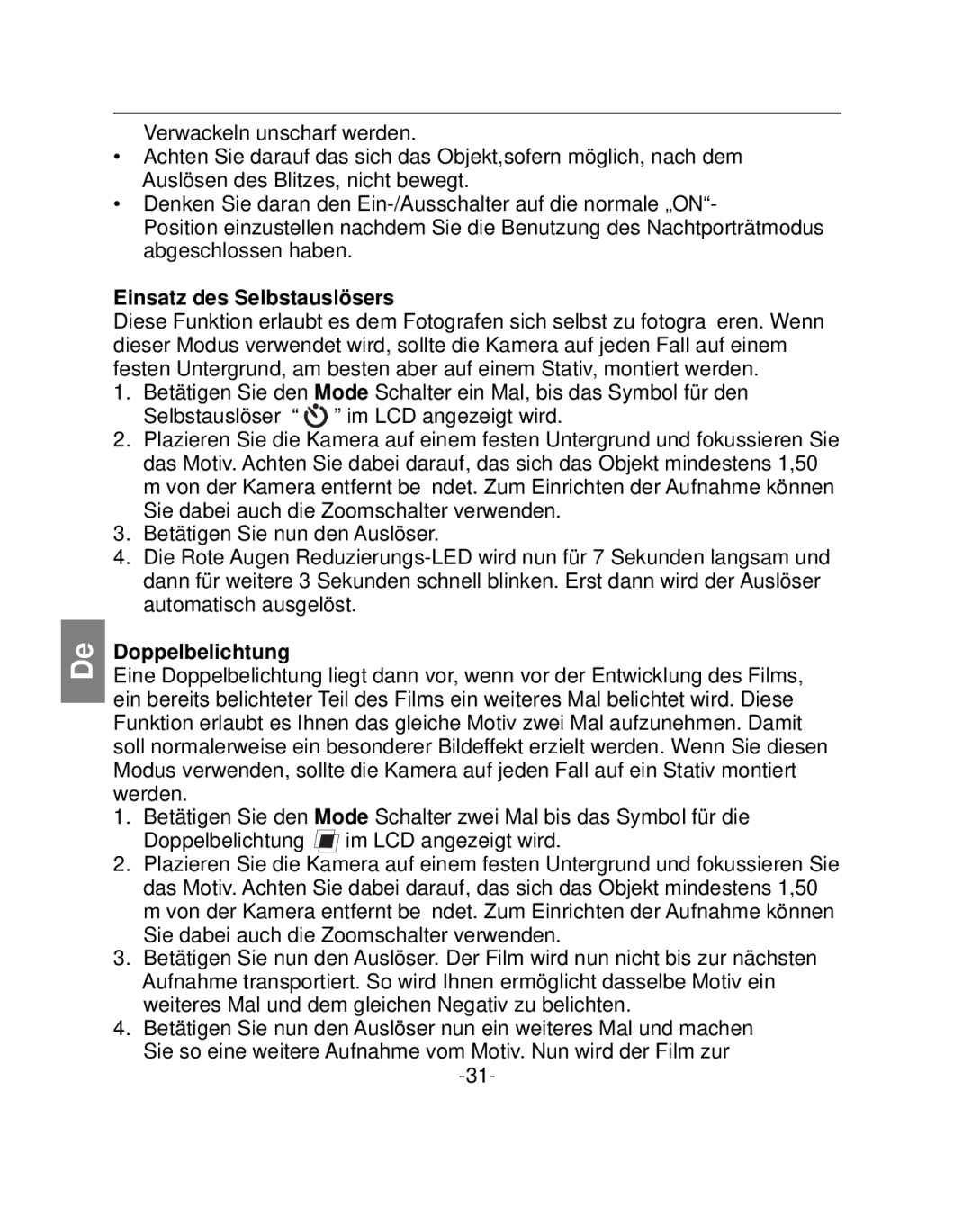 Polaroid PZ2001 instruction manual Einsatz des Selbstauslösers, Doppelbelichtung 