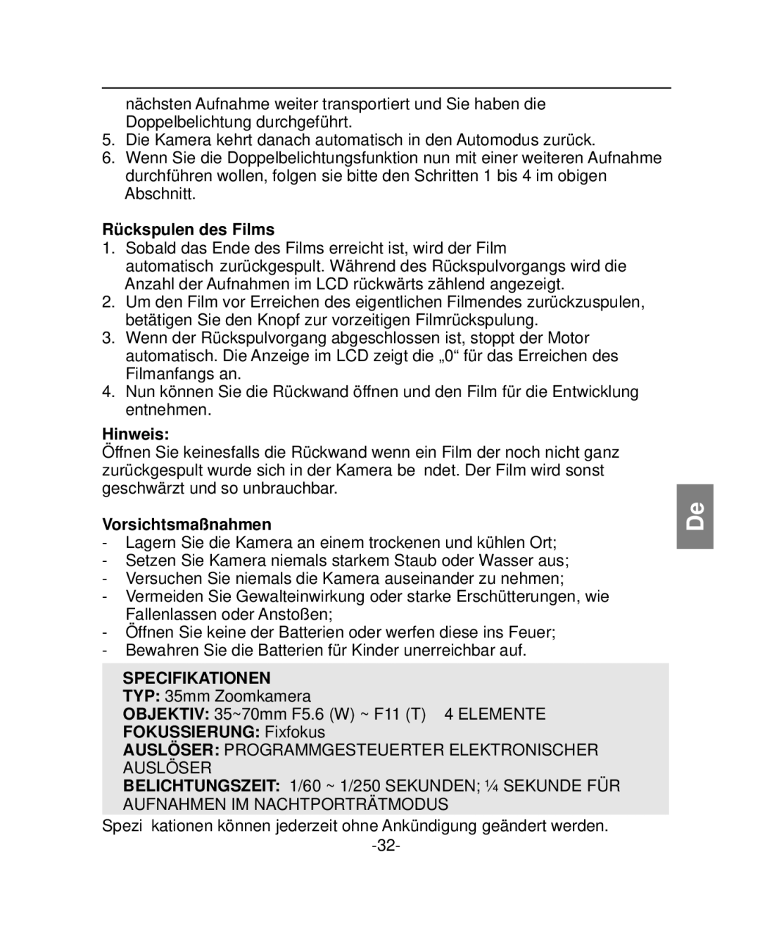 Polaroid PZ2001 instruction manual Rückspulen des Films, Vorsichtsmaßnahmen, Specifikationen, Fokussierung Fixfokus 