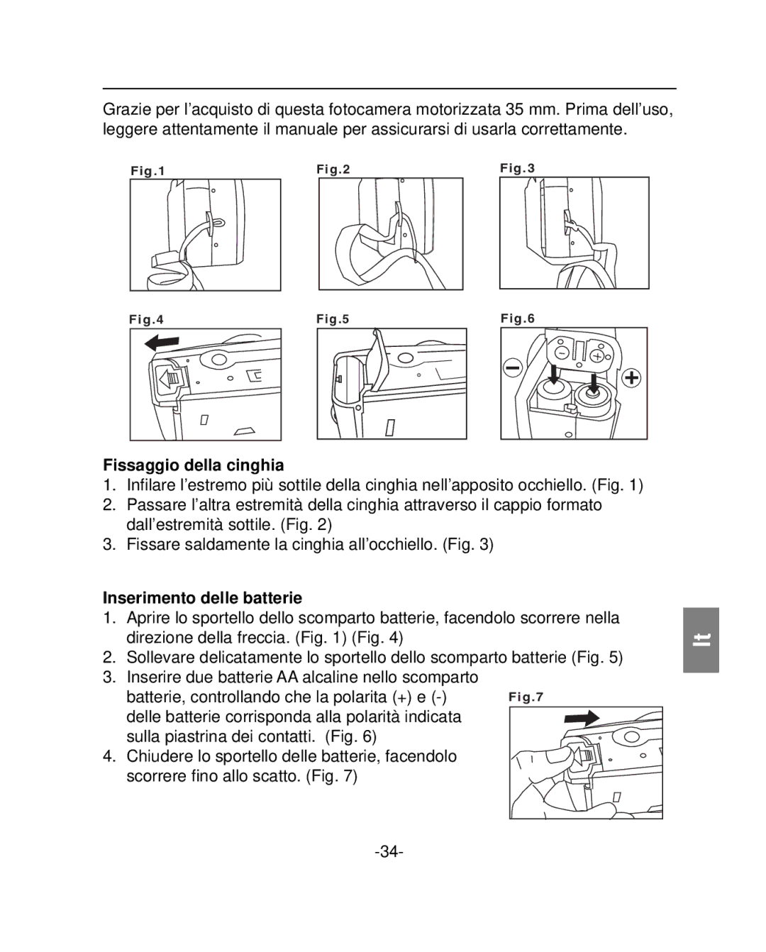 Polaroid PZ2001 instruction manual Fissaggio della cinghia, Inserimento delle batterie 