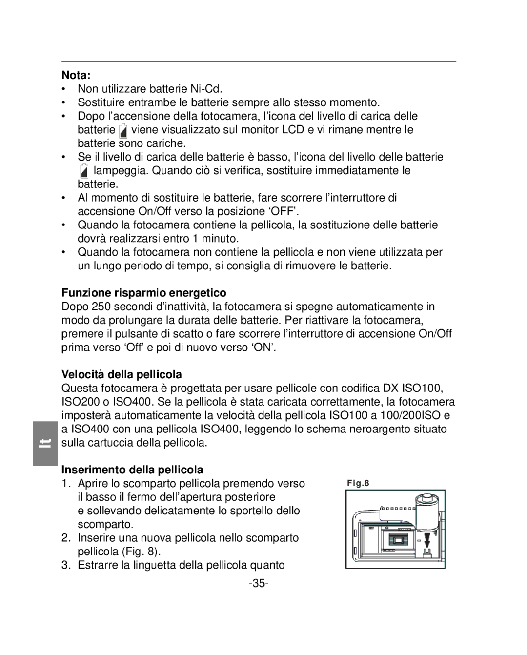 Polaroid PZ2001 instruction manual Funzione risparmio energetico, Velocità della pellicola, Inserimento della pellicola 