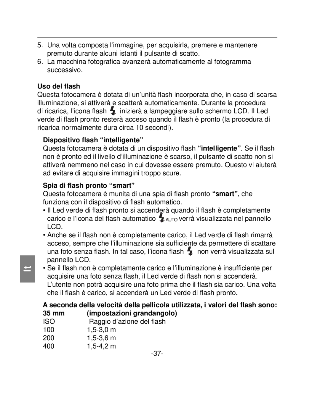 Polaroid PZ2001 instruction manual Uso del ﬂash, Dispositivo ﬂash intelligente, Spia di ﬂash pronto smart 