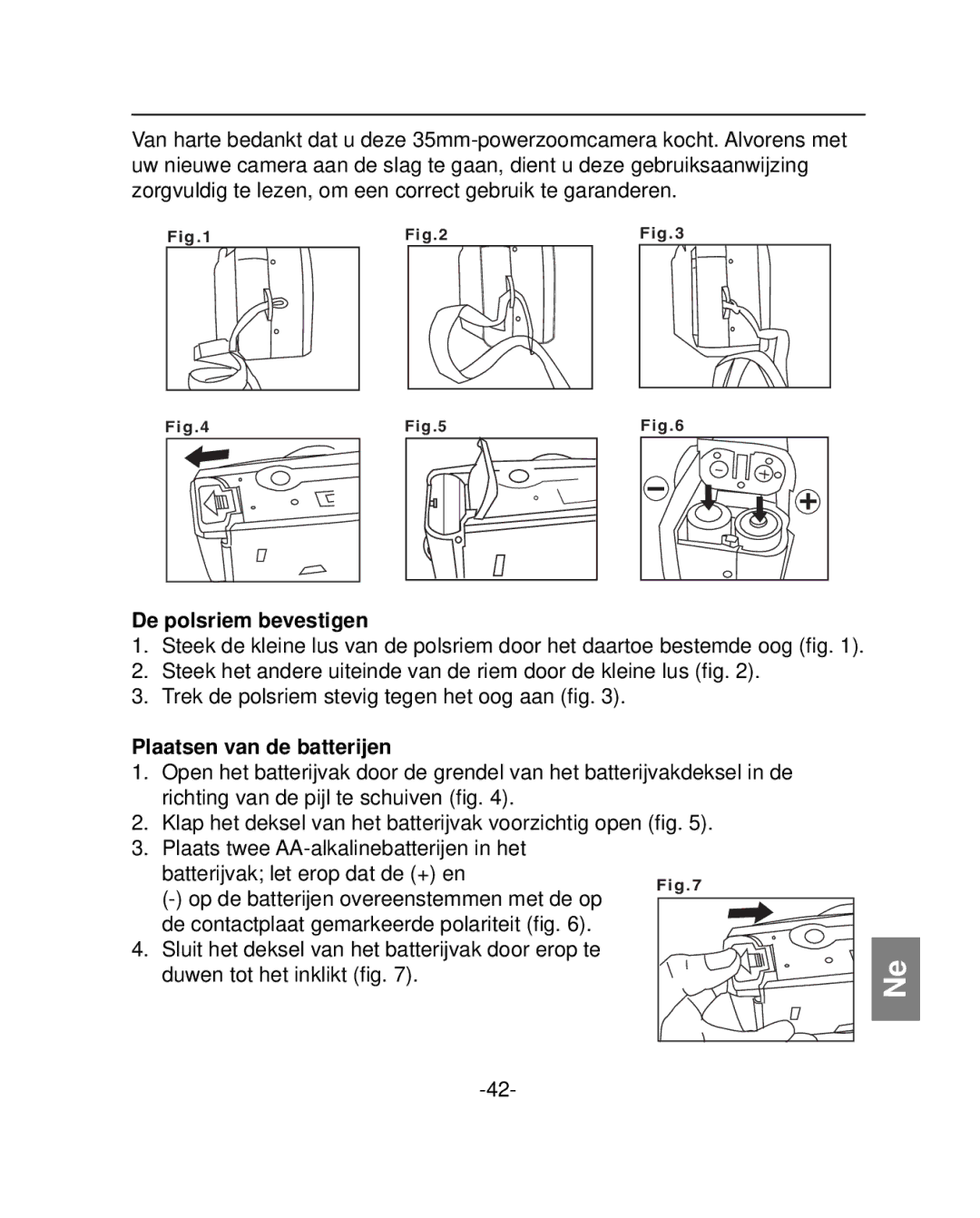 Polaroid PZ2001 instruction manual De polsriem bevestigen, Plaatsen van de batterijen 