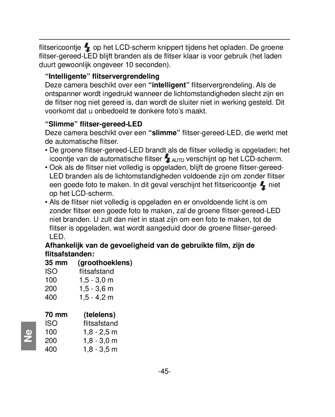 Polaroid PZ2001 instruction manual Intelligente ﬂitservergrendeling, Slimme ﬂitser-gereed-LED, mm Telelens 