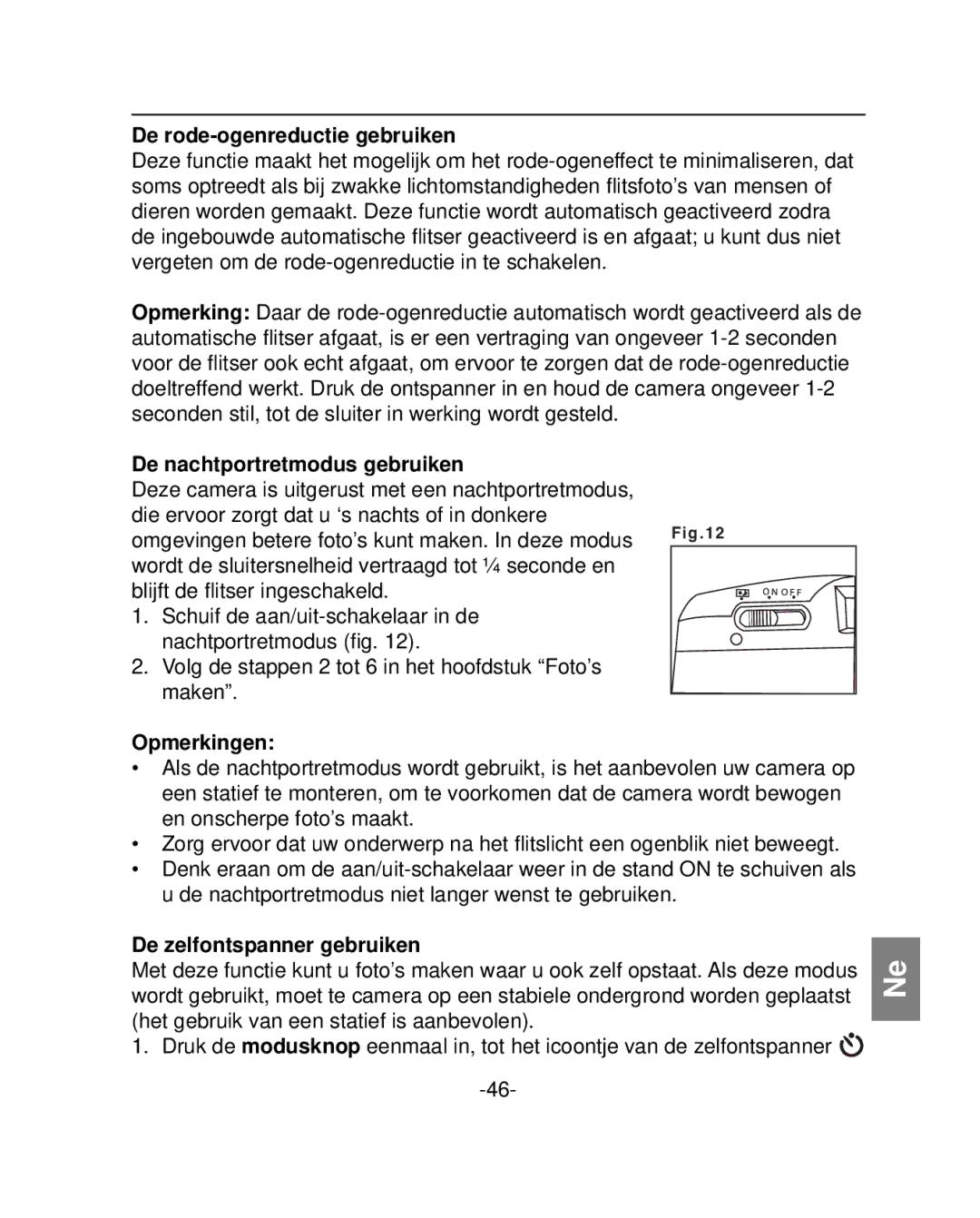 Polaroid PZ2001 De rode-ogenreductie gebruiken, De nachtportretmodus gebruiken, Opmerkingen, De zelfontspanner gebruiken 