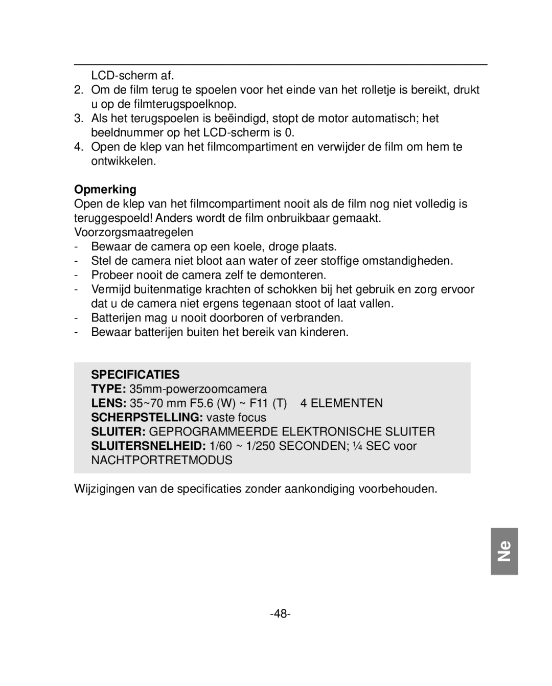 Polaroid PZ2001 instruction manual Specificaties, Scherpstelling vaste focus 