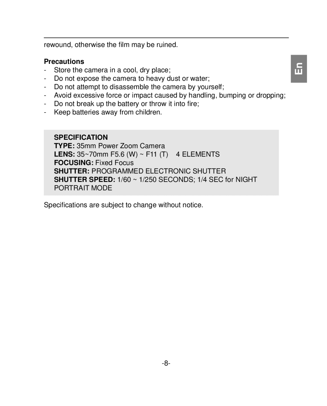 Polaroid PZ2001 instruction manual Precautions, Specification 