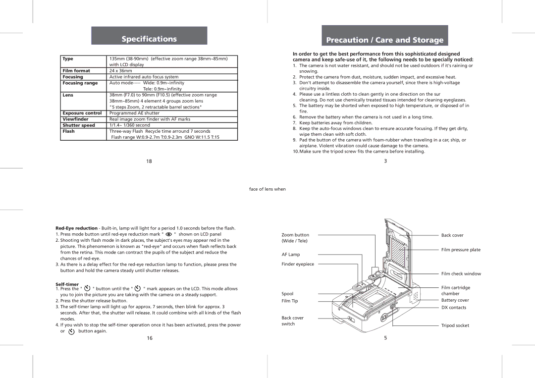 Polaroid PZ2320AF manual Specifications, Precaution / Care and Storage 