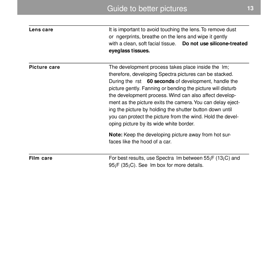 Polaroid Spectra 2 manual Guide to better pictures, Eyeglass tissues 