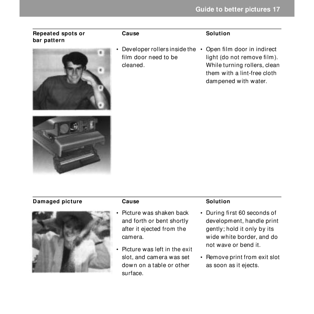 Polaroid Spectra 2 manual Repeated spots or Cause Solution Bar pattern 