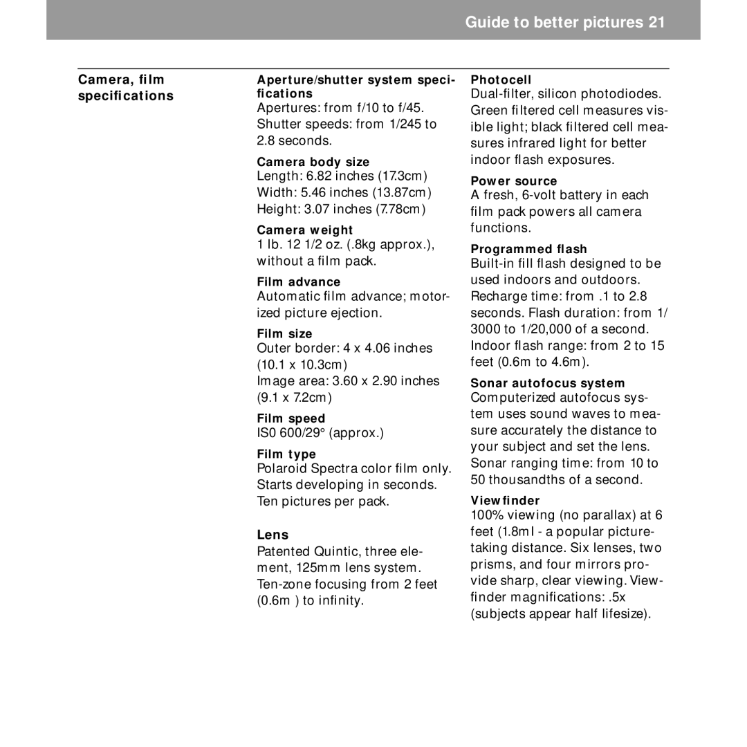 Polaroid Spectra 2 manual Camera, ﬁlm speciﬁcations 