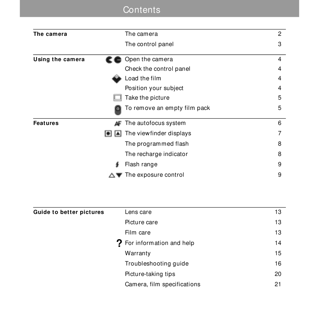 Polaroid Spectra 2 manual Contents 