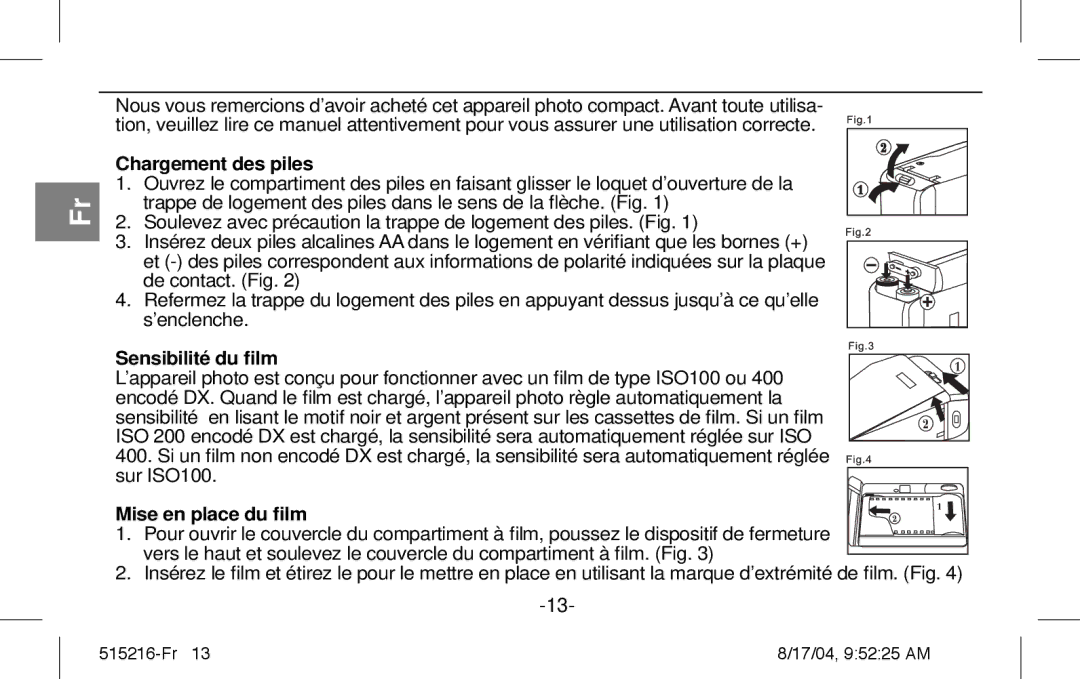 Polaroid Splash II instruction manual Chargement des piles, Sensibilité du ﬁlm, Mise en place du ﬁlm 