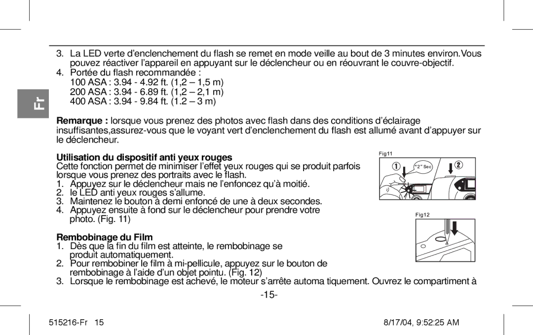 Polaroid Splash II instruction manual Utilisation du dispositif anti yeux rouges, Rembobinage du Film 