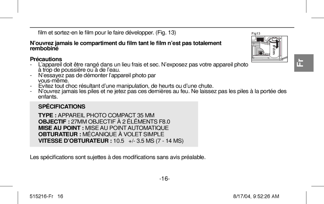 Polaroid Splash II instruction manual Spécifications 