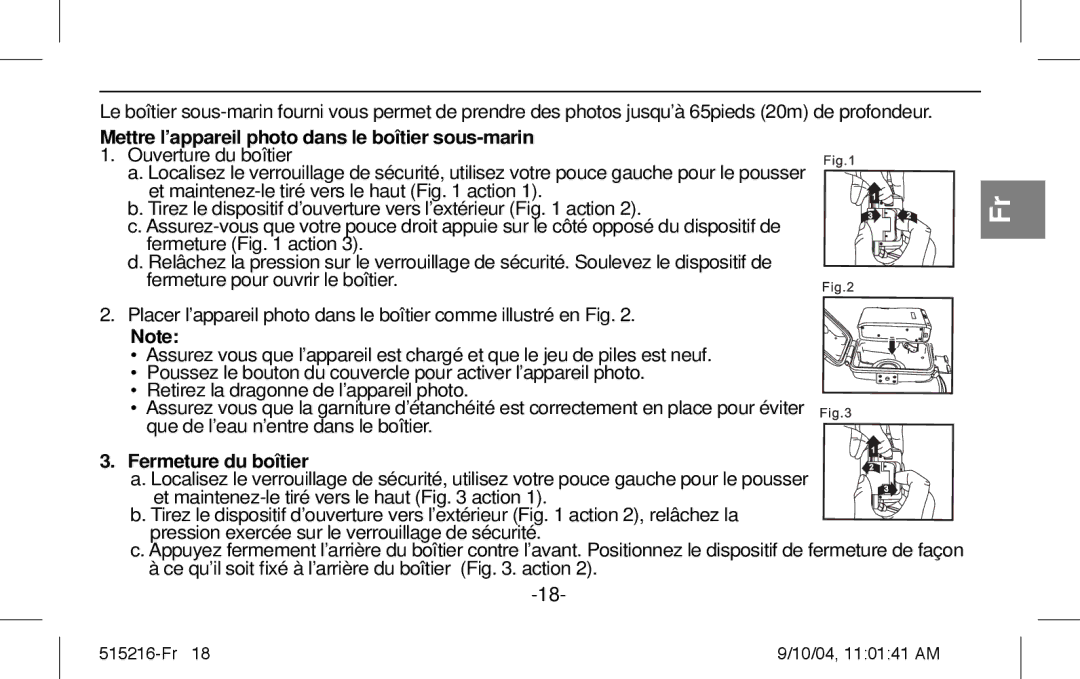 Polaroid Splash II instruction manual Mettre l’appareil photo dans le boîtier sous-marin 