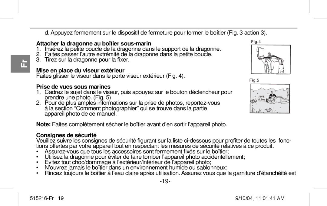 Polaroid Splash II Attacher la dragonne au boîtier sous-marin, Mise en place du viseur extérieur, Consignes de sécurité 