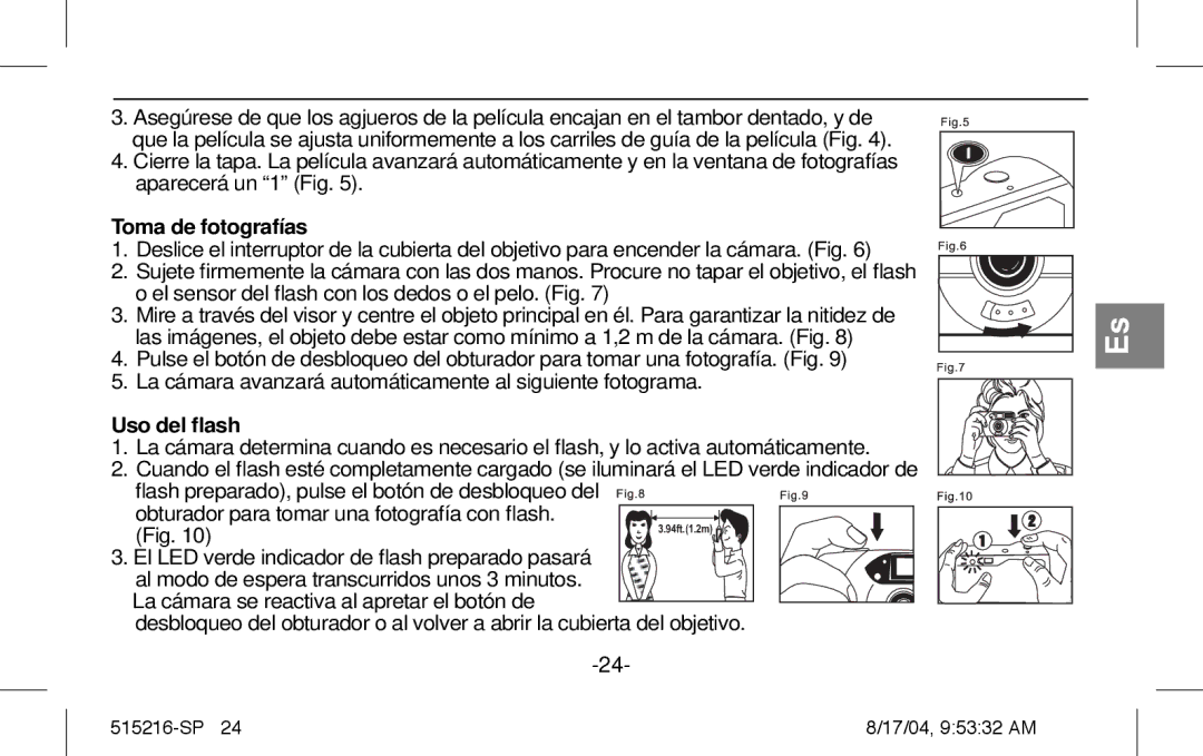 Polaroid Splash II instruction manual Toma de fotografías, Uso del ﬂash 