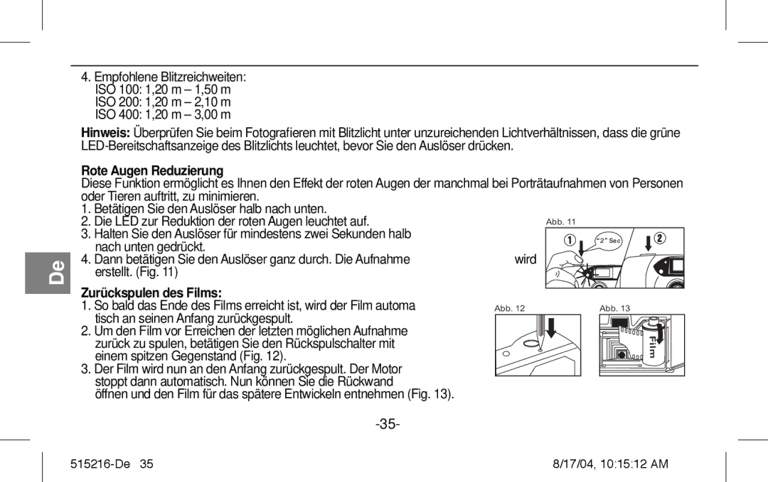 Polaroid Splash II instruction manual Rote Augen Reduzierung, Zurückspulen des Films 