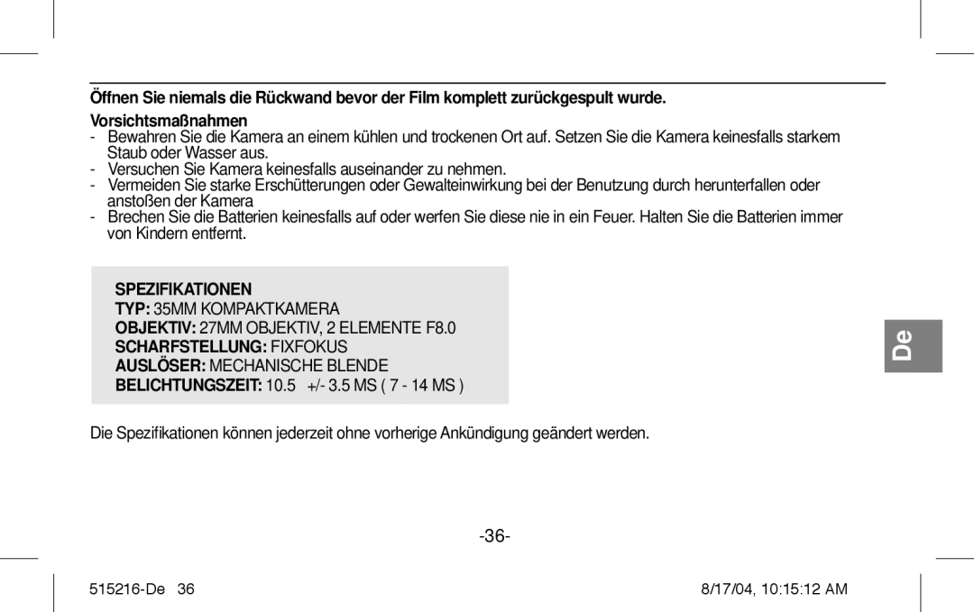 Polaroid Splash II instruction manual Spezifikationen, Scharfstellung Fixfokus 