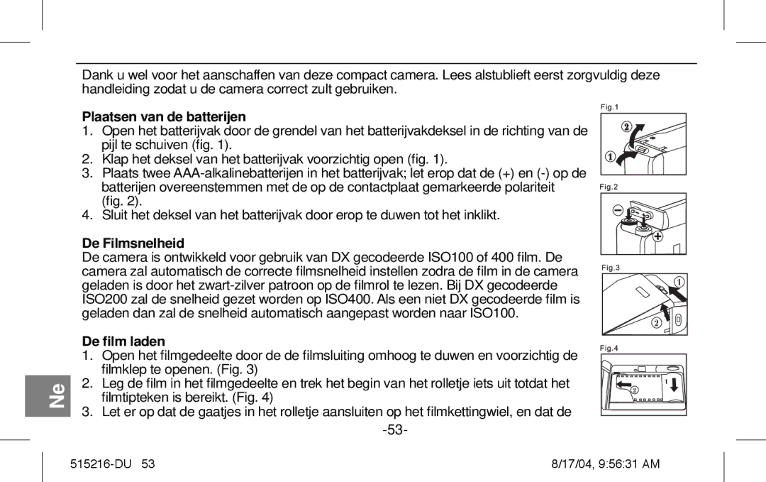 Polaroid Splash II instruction manual Plaatsen van de batterijen, De Filmsnelheid, De ﬁlm laden 