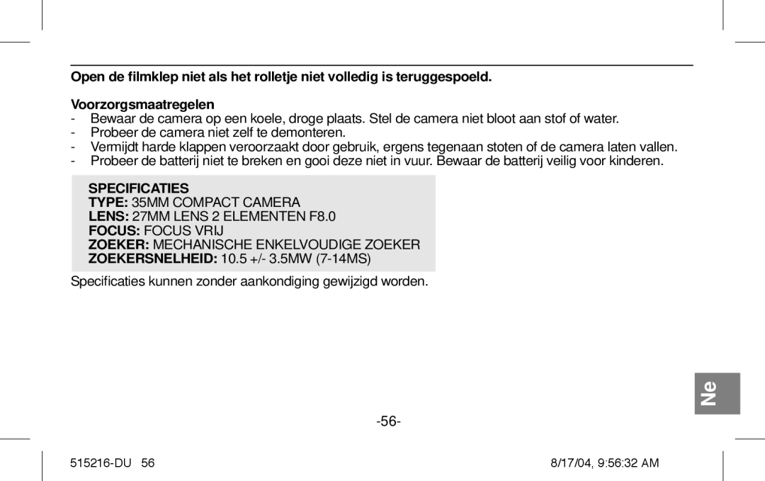 Polaroid Splash II instruction manual Specificaties 