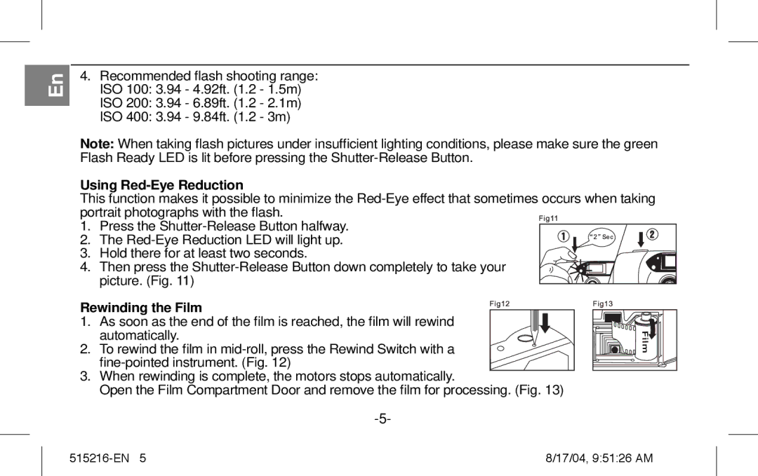 Polaroid Splash II instruction manual Using Red-Eye Reduction, Rewinding the Film 