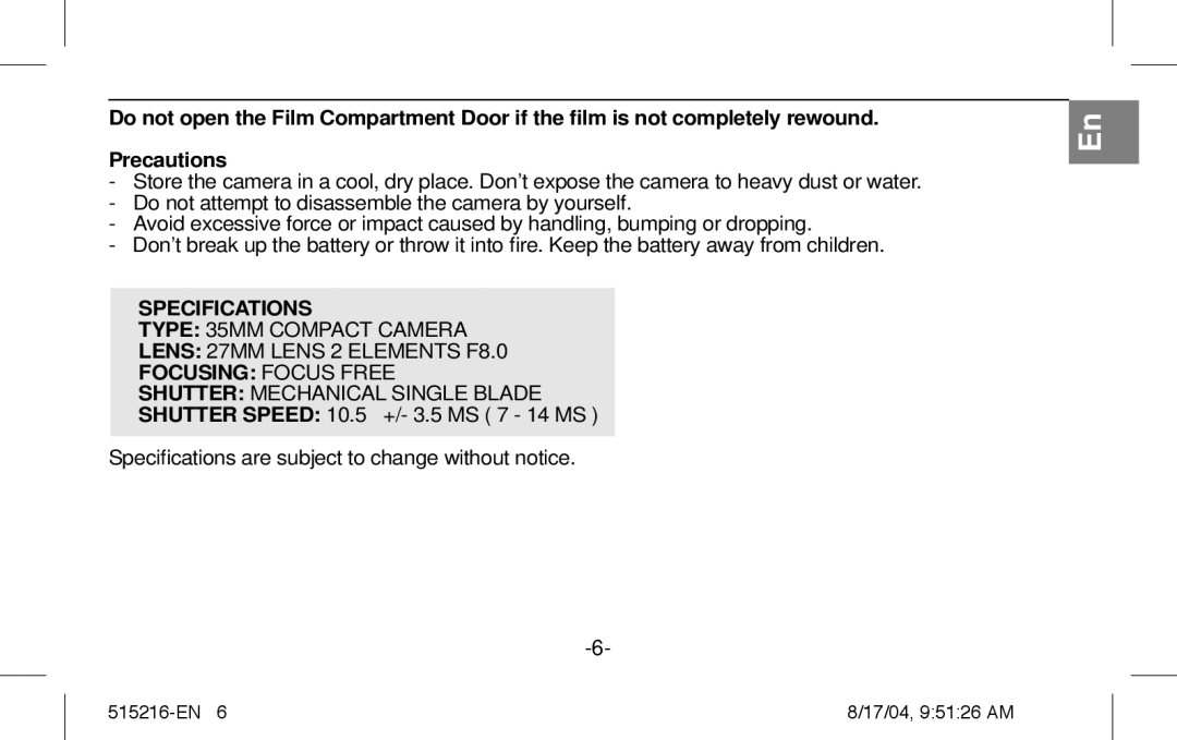 Polaroid Splash II instruction manual Specifications, Focusing Focus Free 