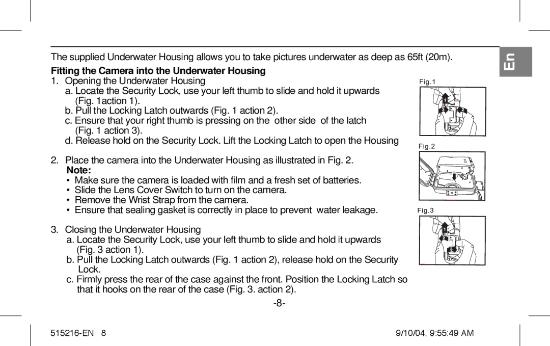 Polaroid Splash II instruction manual Fitting the Camera into the Underwater Housing 