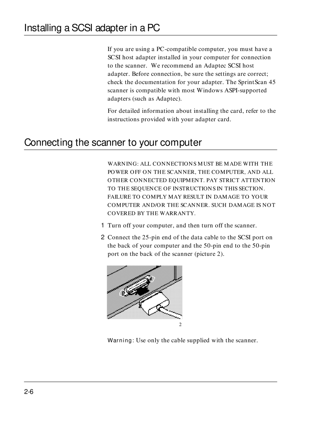 Polaroid SprintScan 45 manual Installing a Scsi adapter in a PC, Connecting the scanner to your computer 
