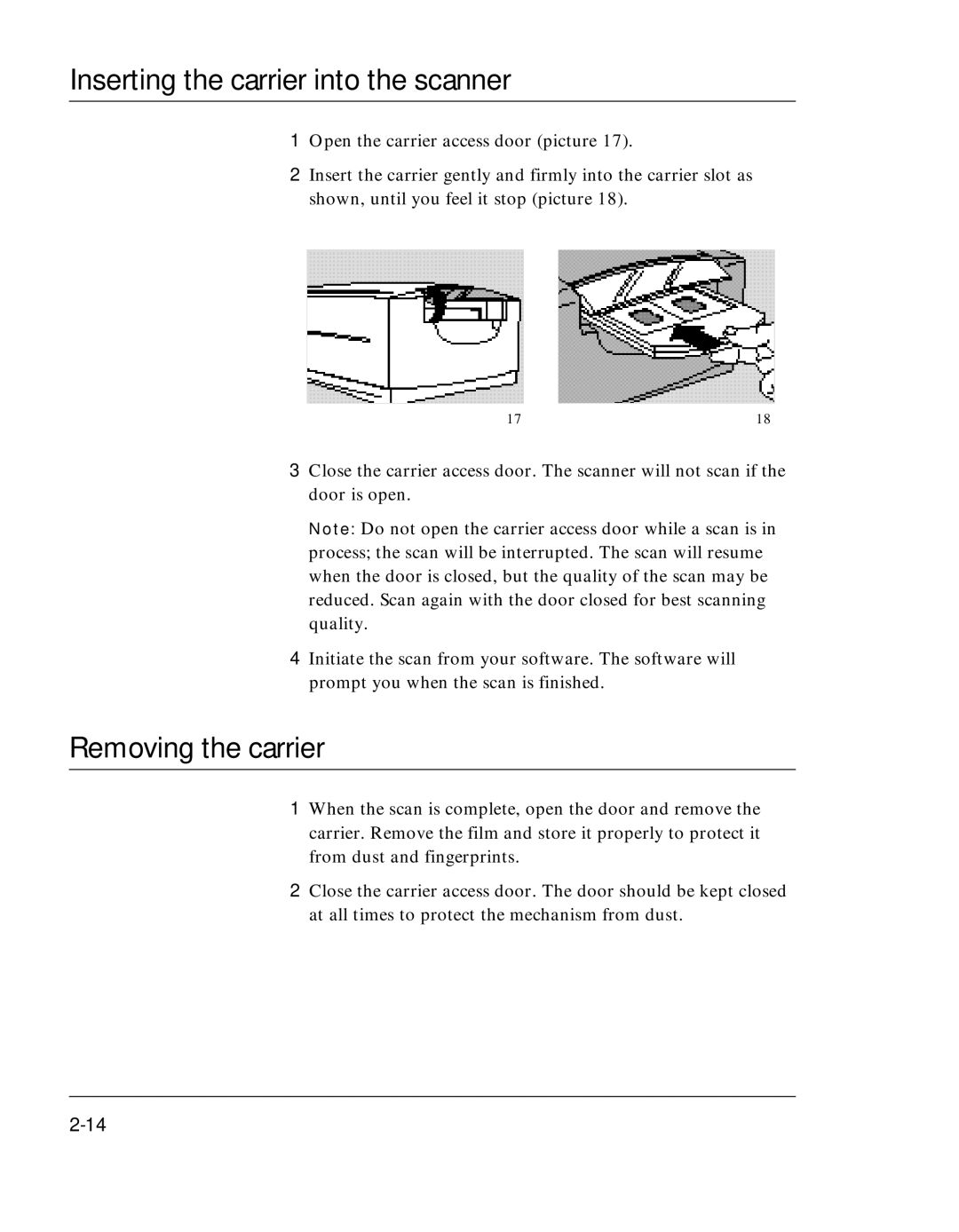 Polaroid SprintScan 45 manual S e rting the carrier into the scanner, Removing the carr i e r 