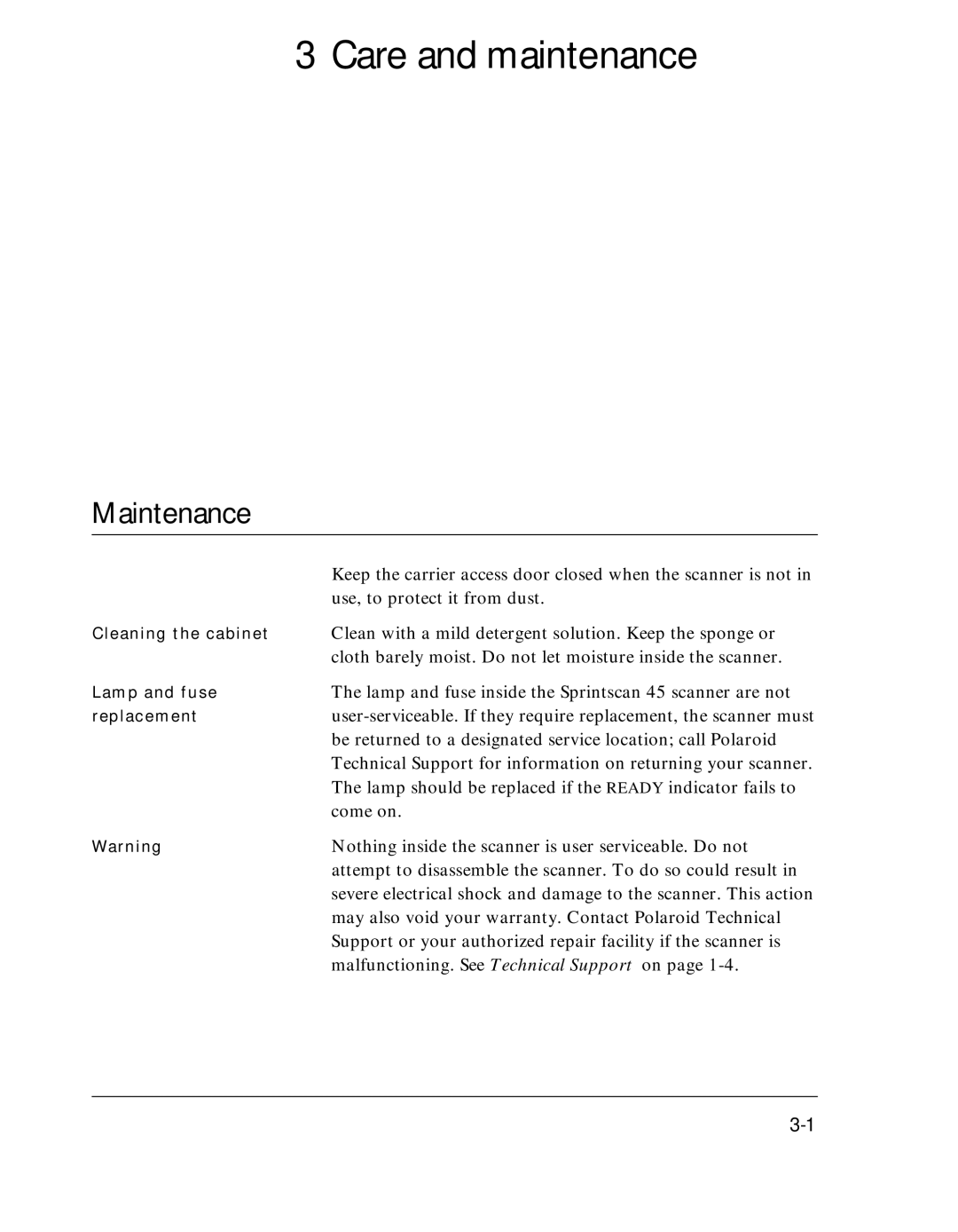 Polaroid SprintScan 45 manual A re and maintenance, I n t e n a n c e 