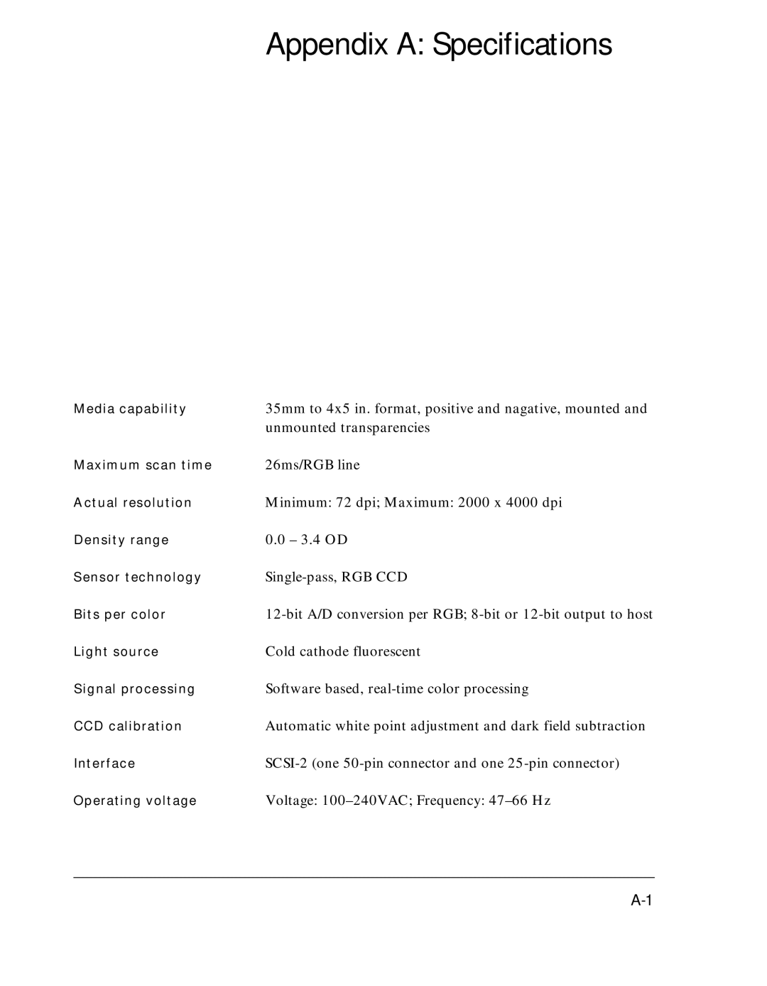 Polaroid SprintScan 45 manual Appendix a Specifications 