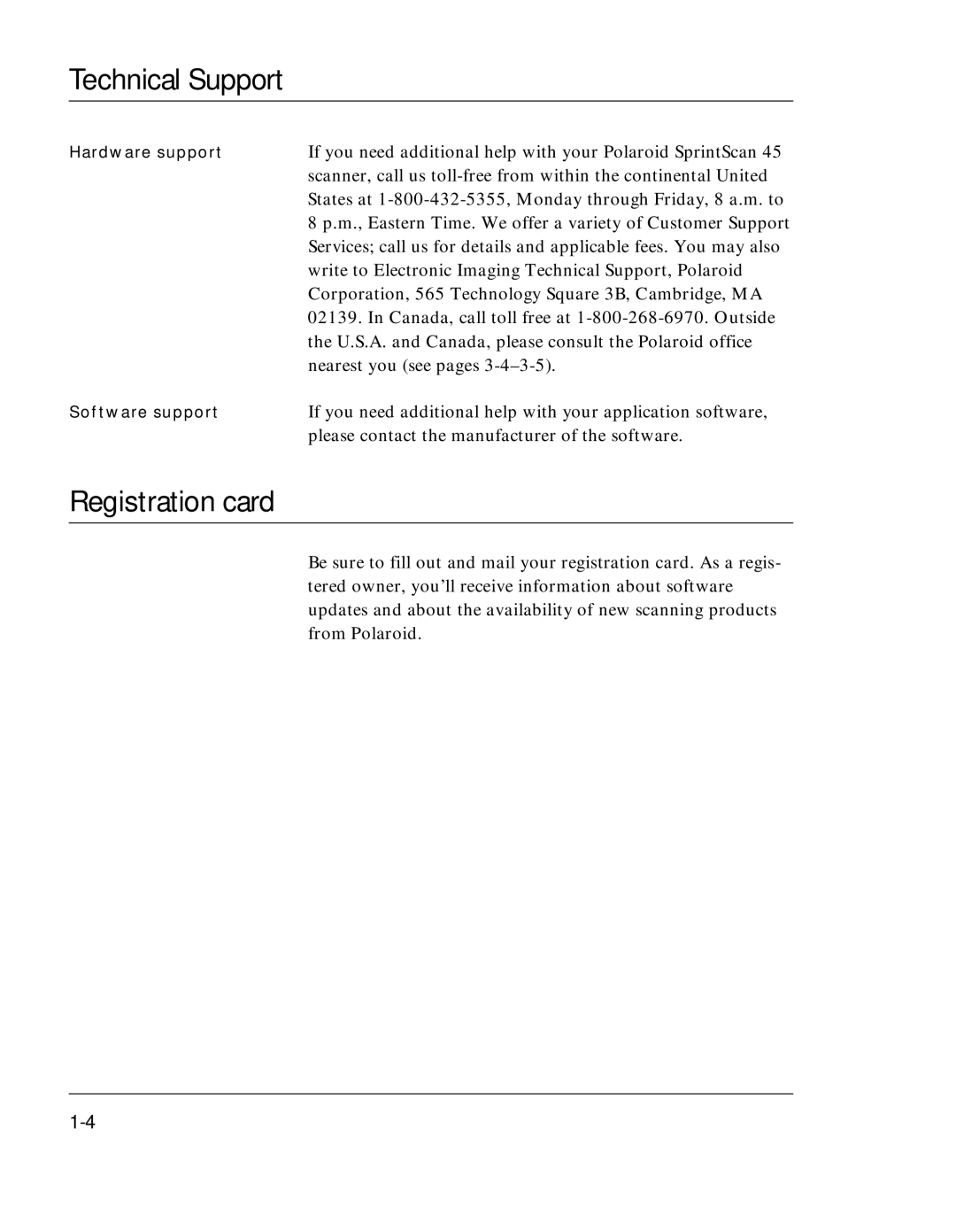 Polaroid SprintScan 45 manual Technical Support, Registration card 