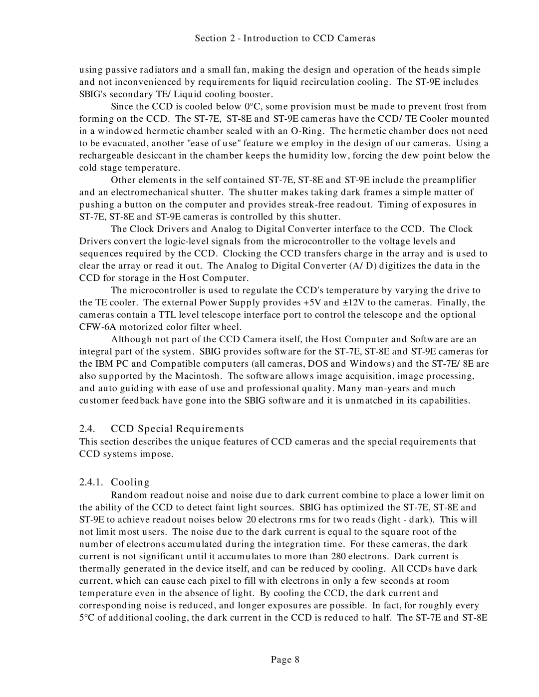 Polaroid ST-7E, ST-8E, ST-9E manual CCD Special Requirements, Cooling 