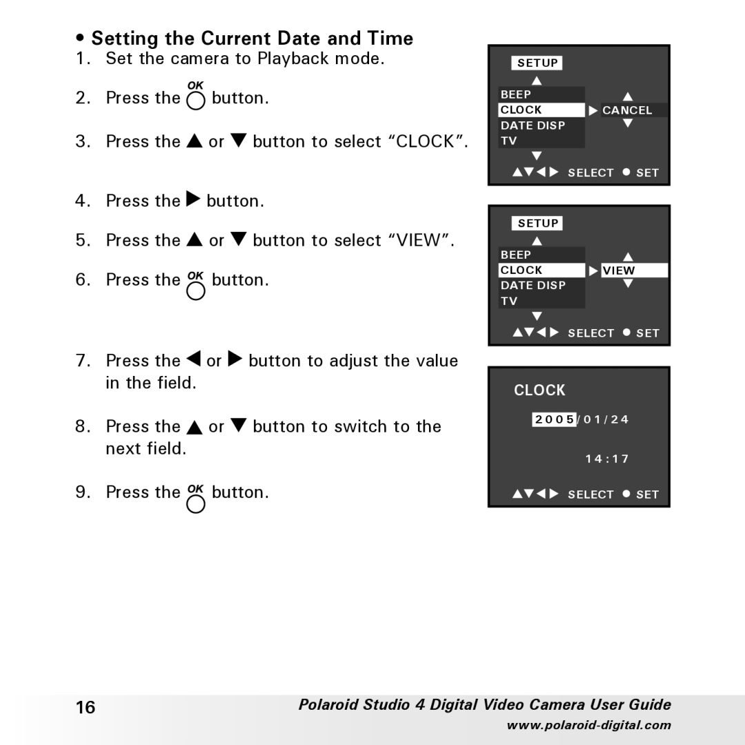 Polaroid Studio 4 manual Setting the Current Date and Time 