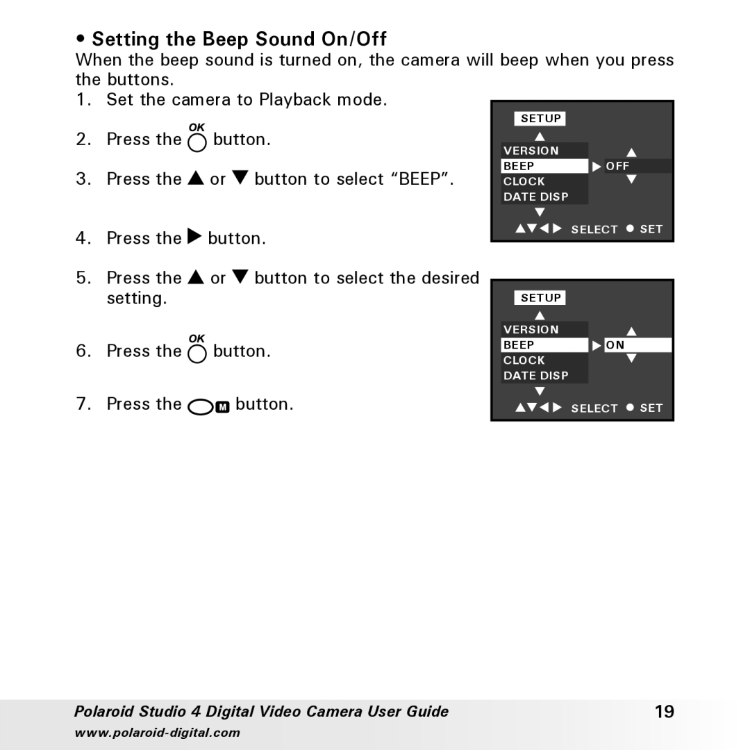 Polaroid Studio 4 manual Setting the Beep Sound On/Off 