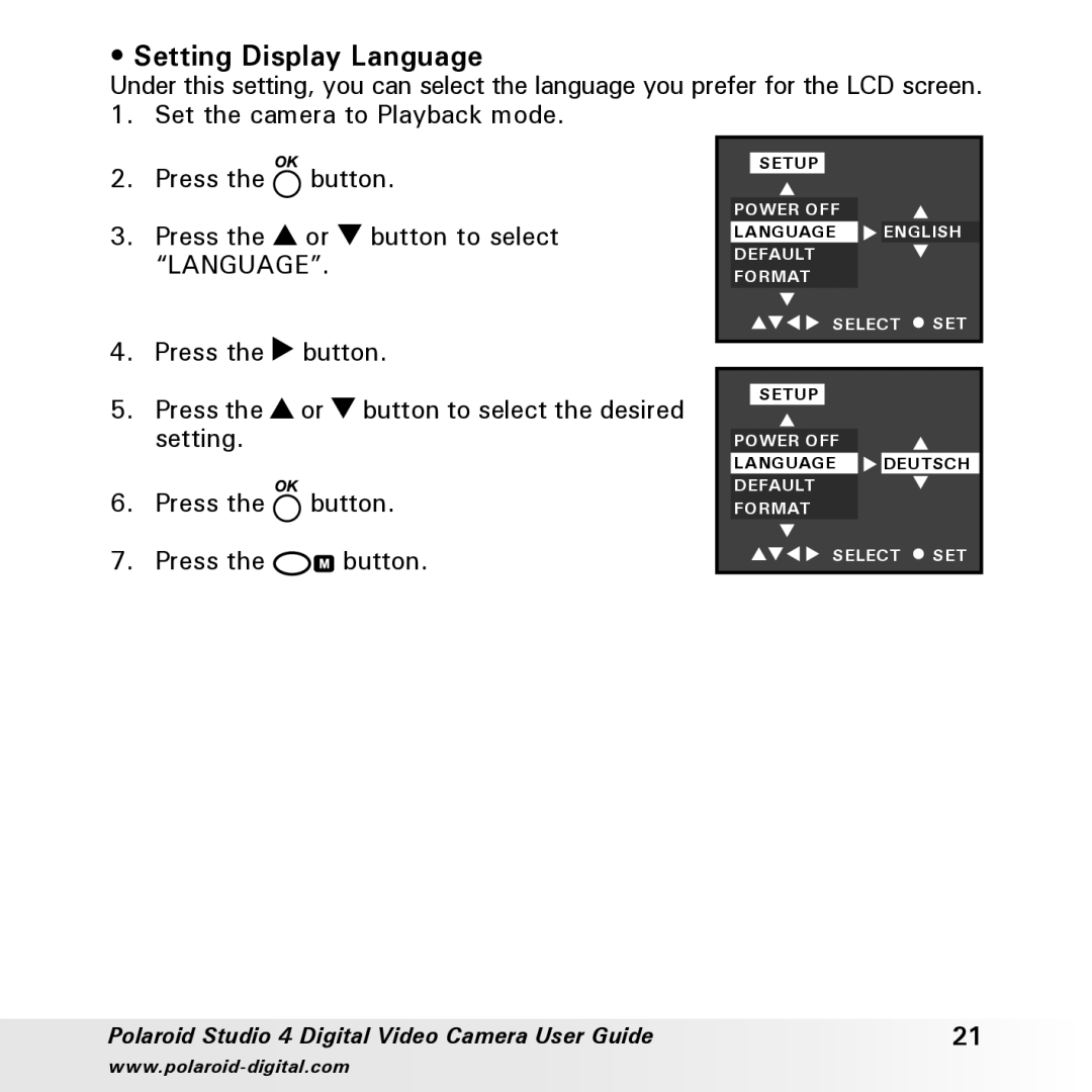 Polaroid Studio 4 manual Setting Display Language 