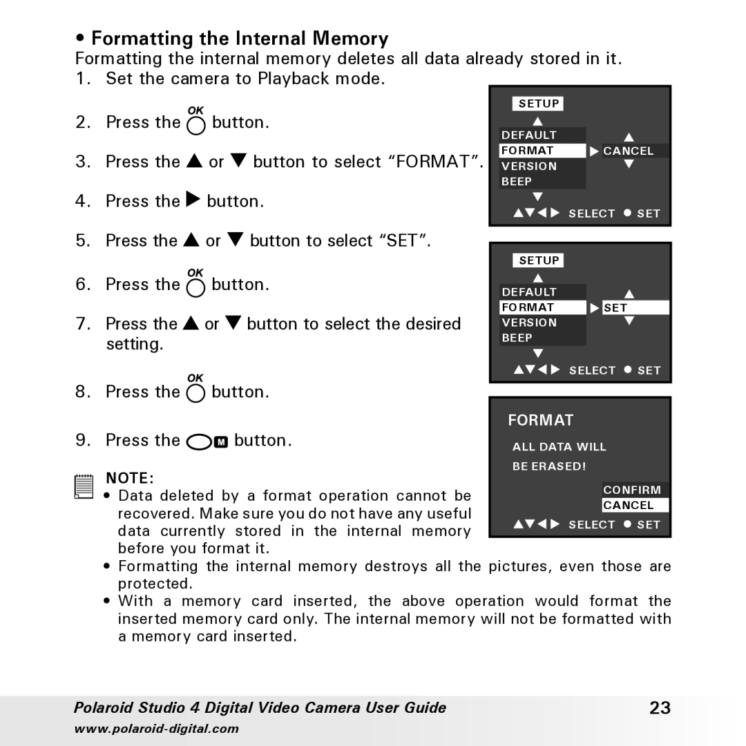 Polaroid Studio 4 manual Formatting the Internal Memory 