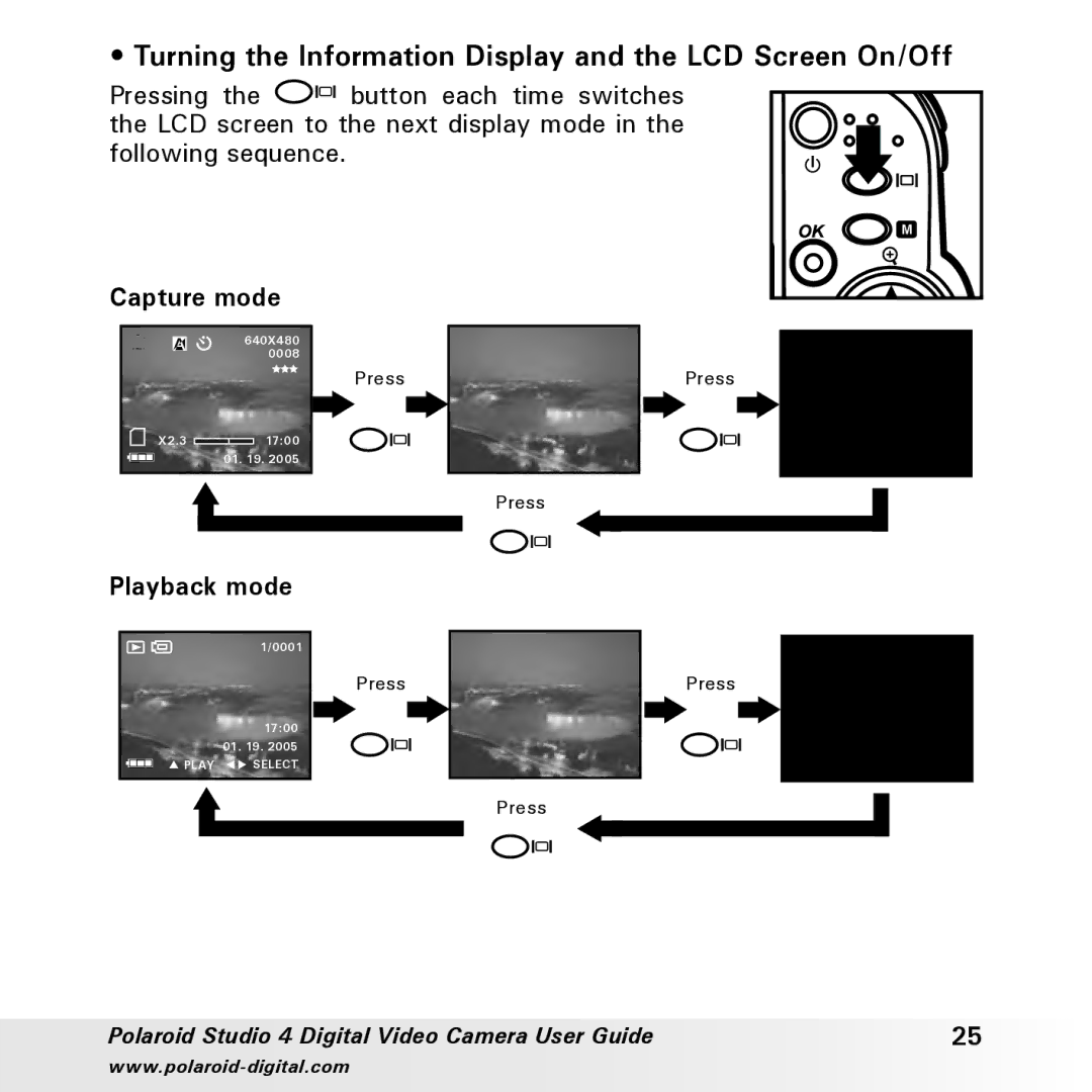 Polaroid Studio 4 manual Turning the Information Display and the LCD Screen On/Off, Capture mode 