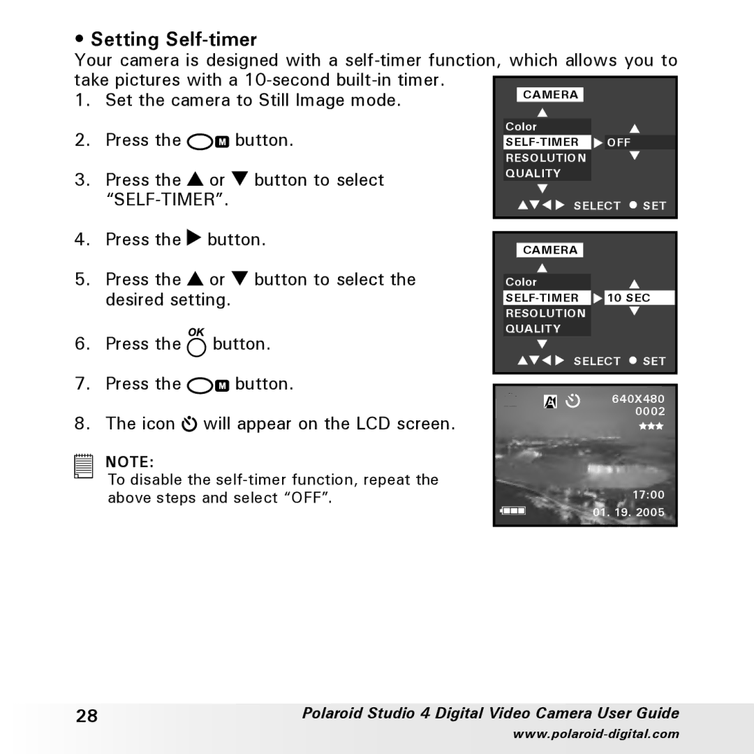 Polaroid Studio 4 manual Setting Self-timer, Self-Timer 