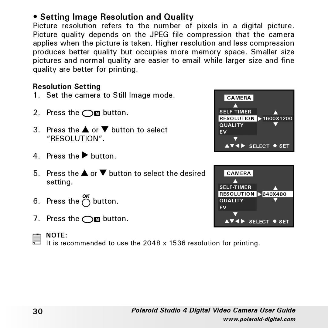 Polaroid Studio 4 manual Setting Image Resolution and Quality, Resolution Setting 